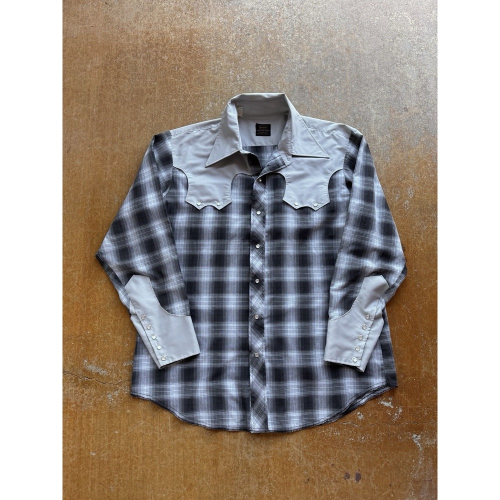 VTG 70s Sears Shadow Plaid Western Pearl Snap Cowboy Button Up Shirt Gray L
